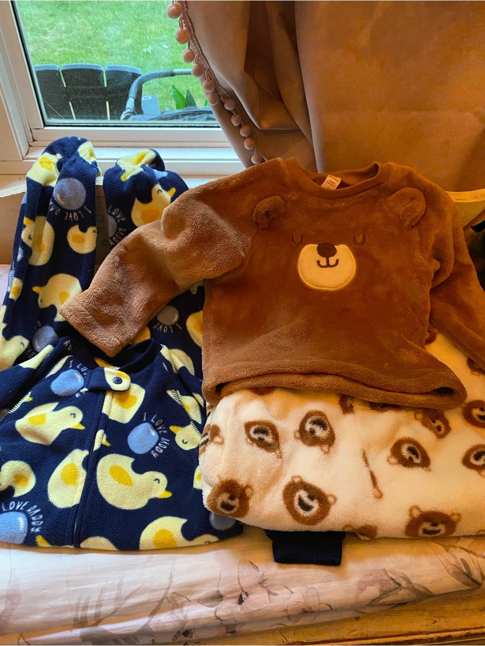 The Children's Place Brown Bear Plush Pajama Set with Navy Duck Print